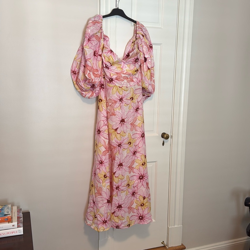 SUNDRESS Pink Linen Floral Midi Dress - Size XS/S